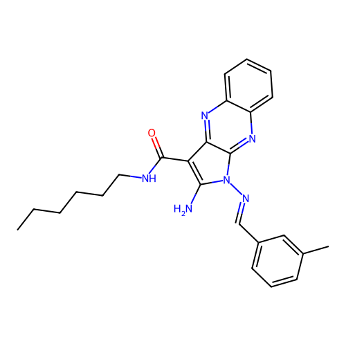 (E)-2-amino-N-hexyl-1-((3-methylbenzylidene)amino)-1H-pyrrolo[2,3-b]quinoxaline-3-carboxamide structure