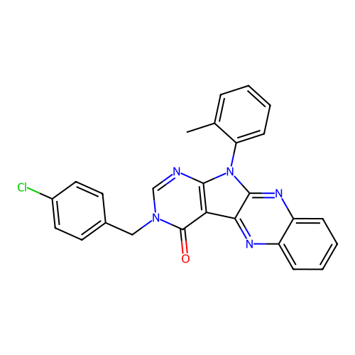 3-(4-chlorobenzyl)-11-(2-methylphenyl)-3,11-dihydro-4H-pyrimido[5',4':4,5]pyrrolo[2,3-b]quinoxalin-4-one structure