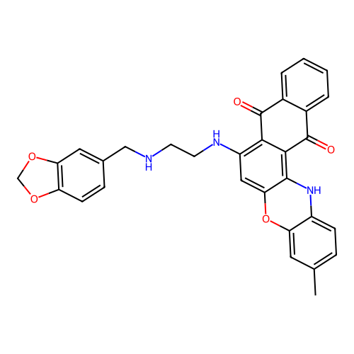 7-((2-((benzo[d][1,3]dioxol-5-ylmethyl)amino)ethyl)amino)-3-methyl-8H-naphtho[2,3-a]phenoxazine-8,13(14H)-dione structure