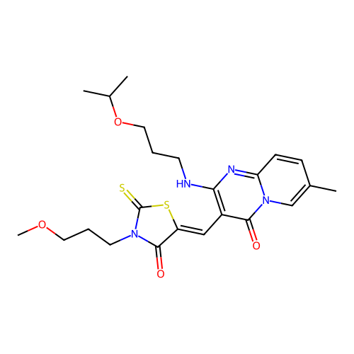 3-{(Z)-[3-(3-methoxypropyl)-4-oxo-2-thioxo-1,3-thiazolidin-5-ylidene]methyl}-7-methyl-2-{[3-(propan-2-yloxy)propyl]amino}-4H-pyrido[1,2-a]pyrimidin-4-one structure
