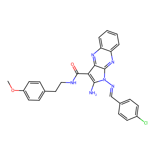 2-amino-1-{[(E)-(4-chlorophenyl)methylidene]amino}-N-[2-(4-methoxyphenyl)ethyl]-1H-pyrrolo[2,3-b]quinoxaline-3-carboxamide structure