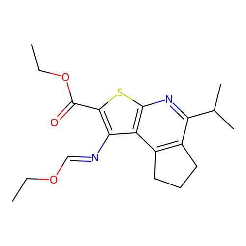 (E)-ethyl 1-((ethoxymethylene)amino)-5-isopropyl-7,8-dihydro-6H-cyclopenta[d]thieno[2,3-b]pyridine-2-carboxylate structure