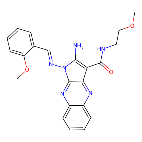 (E)-2-amino-1-((2-methoxybenzylidene)amino)-N-(2-methoxyethyl)-1H-pyrrolo[2,3-b]quinoxaline-3-carboxamide structure