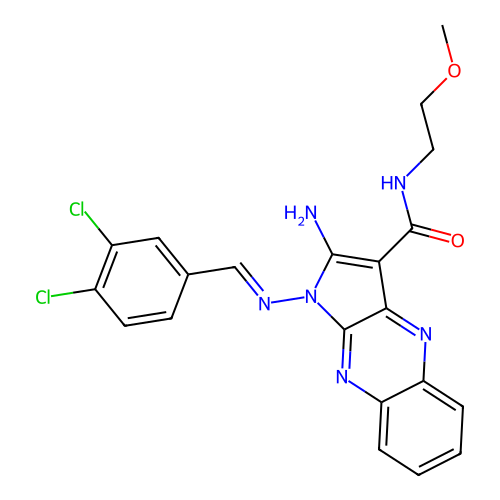 (E)-2-amino-1-((3,4-dichlorobenzylidene)amino)-N-(2-methoxyethyl)-1H-pyrrolo[2,3-b]quinoxaline-3-carboxamide structure