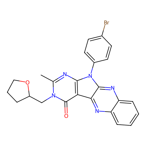 11-(4-bromophenyl)-2-methyl-3-((tetrahydrofuran-2-yl)methyl)-3H-pyrimido[5',4':4,5]pyrrolo[2,3-b]quinoxalin-4(11H)-one structure