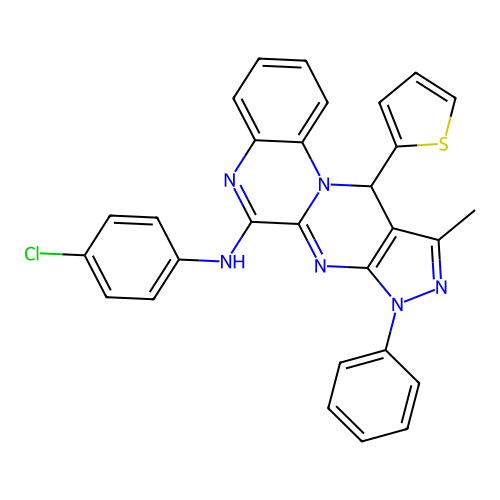 N-(4-chlorophenyl)-10-methyl-8-phenyl-11-(thiophen-2-yl)-8,11-dihydropyrazolo[3',4':4,5]pyrimido[1,2-a]quinoxalin-6-amine structure