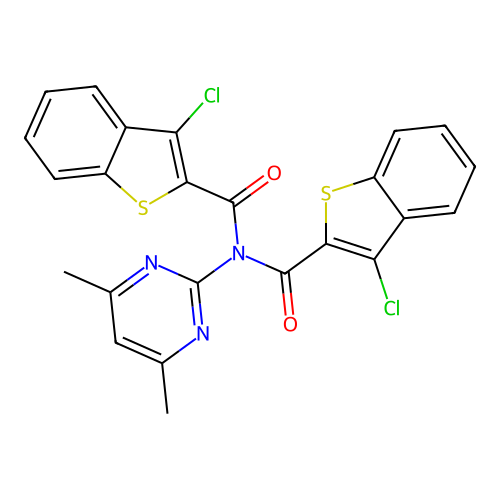 3-chloro-N-(3-chloro-1-benzothiophene-2-carbonyl)-N-(4,6-dimethylpyrimidin-2-yl)-1-benzothiophene-2-carboxamide structure