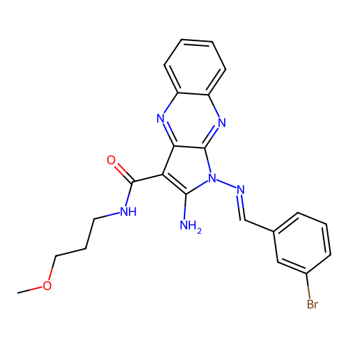 (E)-2-amino-1-((3-bromobenzylidene)amino)-N-(3-methoxypropyl)-1H-pyrrolo[2,3-b]quinoxaline-3-carboxamide structure