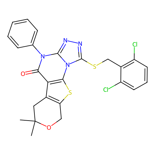 1-((2,6-dichlorobenzyl)thio)-7,7-dimethyl-4-phenyl-6,7-dihydro-4H-pyrano[4',3':4,5]thieno[3,2-e][1,2,4]triazolo[4,3-a]pyrimidin-5(9H)-one structure