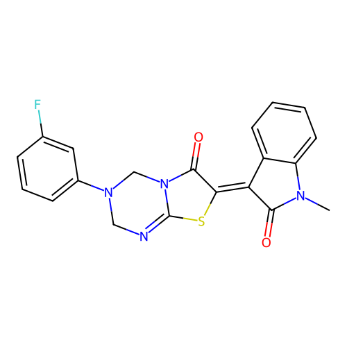 (7Z)-3-(3-fluorophenyl)-7-(1-methyl-2-oxo-1,2-dihydro-3H-indol-3-ylidene)-3,4-dihydro-2H-[1,3]thiazolo[3,2-a][1,3,5]triazin-6(7H)-one structure