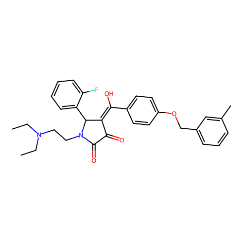 (4E)-1-(2-diethylaminoethyl)-5-(2-fluorophenyl)-4-[hydroxy-[4-[(3-methylphenyl)methoxy]phenyl]methylidene]pyrrolidine-2,3-dione structure