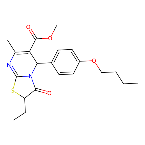 methyl 5-(4-butoxyphenyl)-2-ethyl-7-methyl-3-oxo-2,3-dihydro-5H-[1,3]thiazolo[3,2-a]pyrimidine-6-carboxylate structure