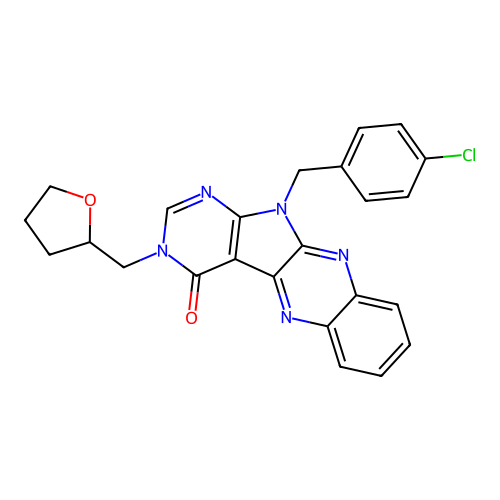 11-(4-chlorobenzyl)-3-((tetrahydrofuran-2-yl)methyl)-3H-pyrimido[5',4':4,5]pyrrolo[2,3-b]quinoxalin-4(11H)-one structure