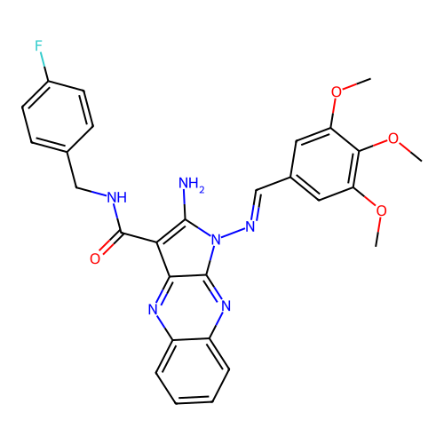 (E)-2-amino-N-(4-fluorobenzyl)-1-((3,4,5-trimethoxybenzylidene)amino)-1H-pyrrolo[2,3-b]quinoxaline-3-carboxamide structure