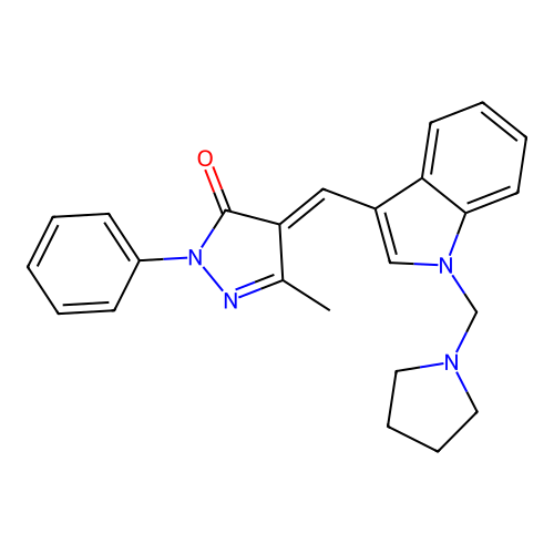 (4E)-5-methyl-2-phenyl-4-[[1-(pyrrolidin-1-ylmethyl)indol-3-yl]methylidene]pyrazol-3-one structure