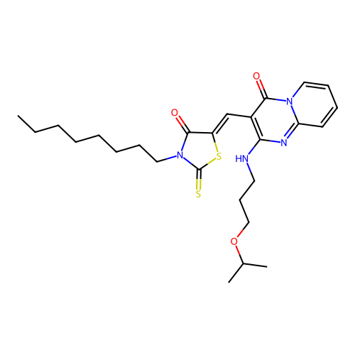 3-[(Z)-(3-octyl-4-oxo-2-thioxo-1,3-thiazolidin-5-ylidene)methyl]-2-{[3-(propan-2-yloxy)propyl]amino}-4H-pyrido[1,2-a]pyrimidin-4-one structure