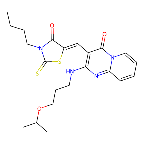 3-[(Z)-(3-butyl-4-oxo-2-thioxo-1,3-thiazolidin-5-ylidene)methyl]-2-{[3-(propan-2-yloxy)propyl]amino}-4H-pyrido[1,2-a]pyrimidin-4-one structure