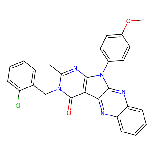 3-(2-chlorobenzyl)-11-(4-methoxyphenyl)-2-methyl-3,11-dihydro-4H-pyrimido[5',4':4,5]pyrrolo[2,3-b]quinoxalin-4-one structure