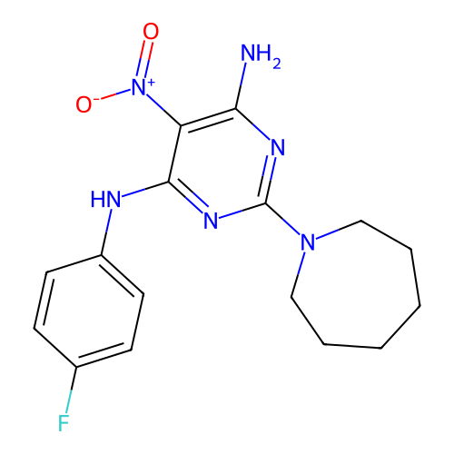 2-(azepan-1-yl)-N-(4-fluorophenyl)-5-nitropyrimidine-4,6-diamine structure