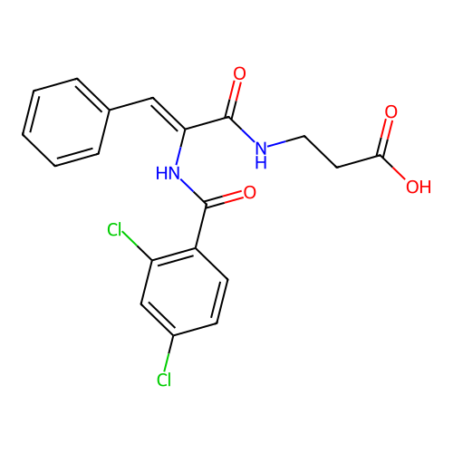 (Z)-3-(2-(2,4-dichlorobenzamido)-3-phenylacrylamido)propanoic acid structure