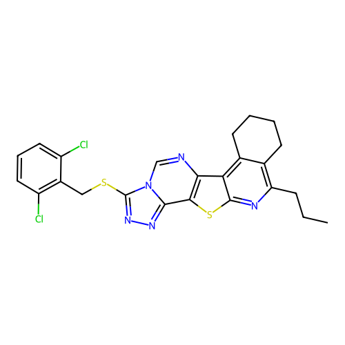 3-((2,6-dichlorobenzyl)thio)-11-propyl-7,8,9,10-tetrahydro-[1,2,4]triazolo[4'',3'':1',6']pyrimido[4',5':4,5]thieno[2,3-c]isoquinoline structure