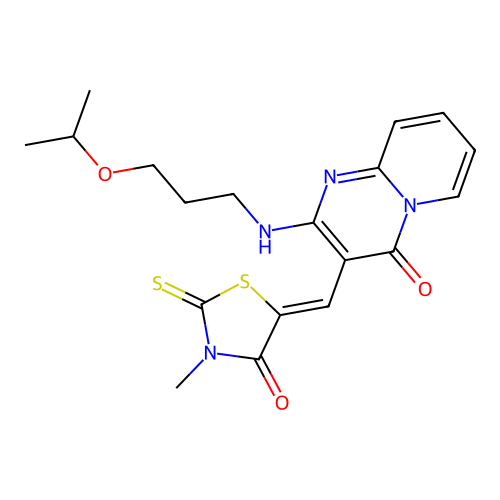 3-[(Z)-(3-methyl-4-oxo-2-thioxo-1,3-thiazolidin-5-ylidene)methyl]-2-{[3-(propan-2-yloxy)propyl]amino}-4H-pyrido[1,2-a]pyrimidin-4-one structure