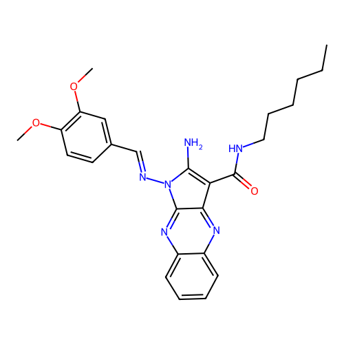 (E)-2-amino-1-((3,4-dimethoxybenzylidene)amino)-N-hexyl-1H-pyrrolo[2,3-b]quinoxaline-3-carboxamide structure