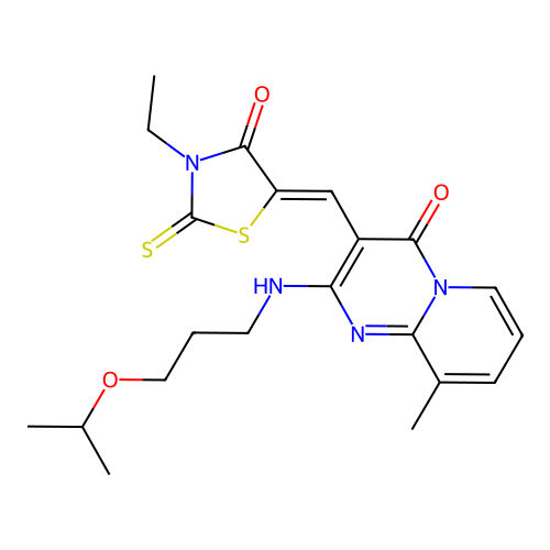 3-[(Z)-(3-ethyl-4-oxo-2-thioxo-1,3-thiazolidin-5-ylidene)methyl]-9-methyl-2-{[3-(propan-2-yloxy)propyl]amino}-4H-pyrido[1,2-a]pyrimidin-4-one structure