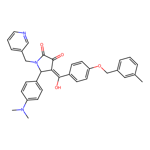 (4E)-5-(4-dimethylaminophenyl)-4-[hydroxy-[4-[(3-methylphenyl)methoxy]phenyl]methylidene]-1-(pyridin-3-ylmethyl)pyrrolidine-2,3-dione structure