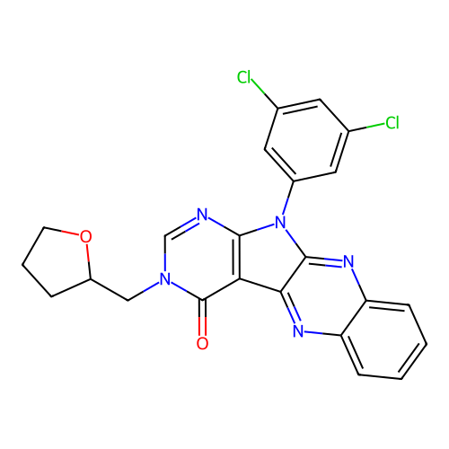 11-(3,5-dichlorophenyl)-3-((tetrahydrofuran-2-yl)methyl)-3H-pyrimido[5',4':4,5]pyrrolo[2,3-b]quinoxalin-4(11H)-one structure