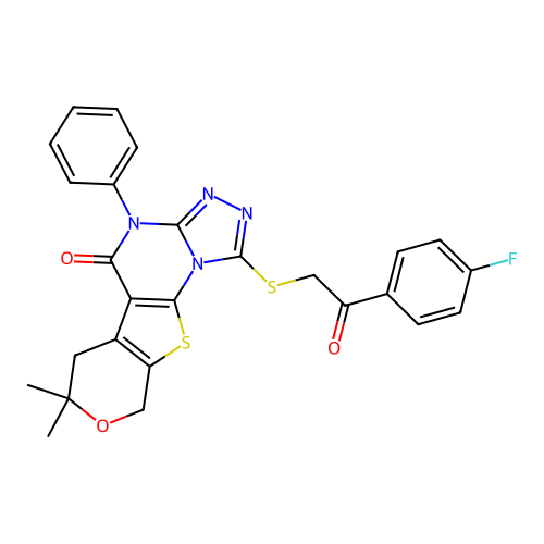 1-((2-(4-fluorophenyl)-2-oxoethyl)thio)-7,7-dimethyl-4-phenyl-6,7-dihydro-4H-pyrano[4',3':4,5]thieno[3,2-e][1,2,4]triazolo[4,3-a]pyrimidin-5(9H)-one structure