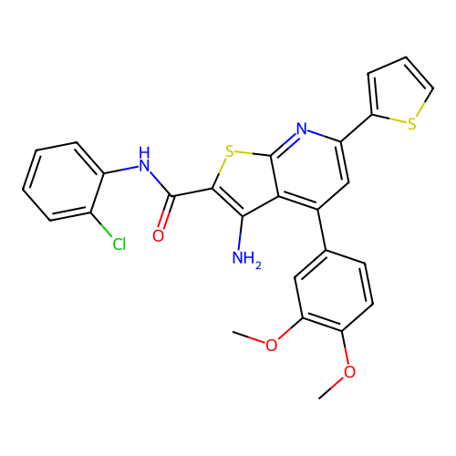 3-amino-N-(2-chlorophenyl)-4-(3,4-dimethoxyphenyl)-6-(thiophen-2-yl)thieno[2,3-b]pyridine-2-carboxamide structure