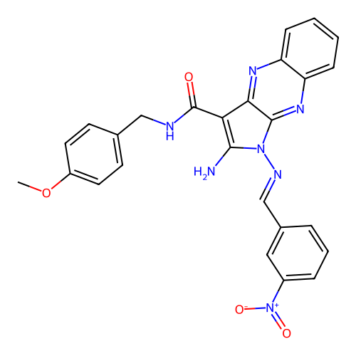 (E)-2-amino-N-(4-methoxybenzyl)-1-((3-nitrobenzylidene)amino)-1H-pyrrolo[2,3-b]quinoxaline-3-carboxamide structure