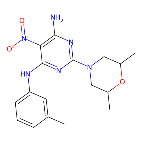 2-(2,6-dimethylmorpholin-4-yl)-N-(3-methylphenyl)-5-nitropyrimidine-4,6-diamine structure