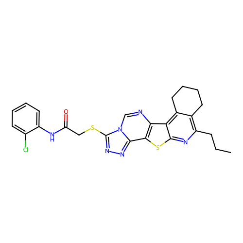N-(2-chlorophenyl)-2-((11-propyl-7,8,9,10-tetrahydro-[1,2,4]triazolo[4'',3'':1',6']pyrimido[4',5':4,5]thieno[2,3-c]isoquinolin-3-yl)thio)acetamide structure