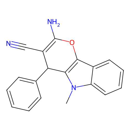 2-Amino-5-methyl-4-phenyl-4,5-dihydropyrano[3,2-b]indole-3-carbonitrile structure