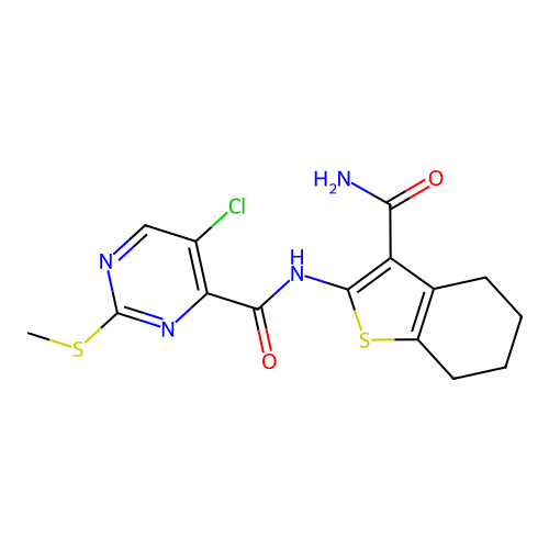 N-(3-carbamoyl-4,5,6,7-tetrahydro-1-benzothiophen-2-yl)-5-chloro-2-(methylsulfanyl)pyrimidine-4-carboxamide structure