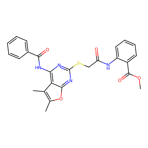 methyl 2-(2-((4-benzamido-5,6-dimethylfuro[2,3-d]pyrimidin-2-yl)thio)acetamido)benzoate structure