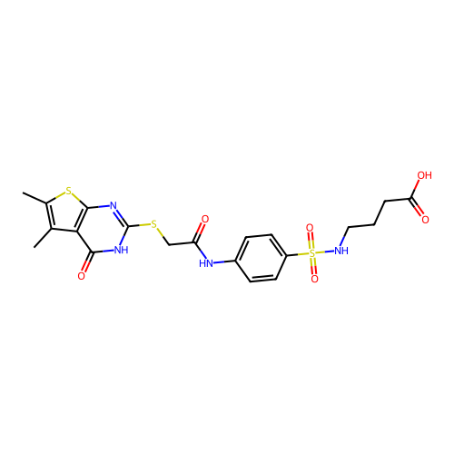 4-(4-(2-((5,6-dimethyl-4-oxo-3,4-dihydrothieno[2,3-d]pyrimidin-2-yl)thio)acetamido)phenylsulfonamido)butanoic acid structure