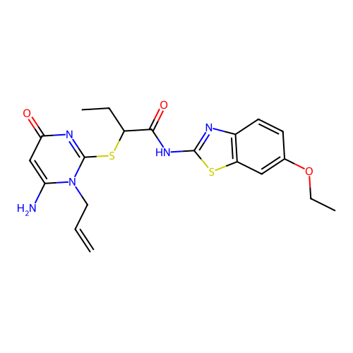 2-(6-amino-4-oxo-1-prop-2-enylpyrimidin-2-yl)sulfanyl-N-(6-ethoxy-1,3-benzothiazol-2-yl)butanamide structure