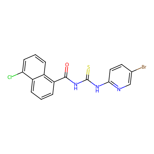 N-[(5-bromopyridin-2-yl)carbamothioyl]-5-chloronaphthalene-1-carboxamide structure