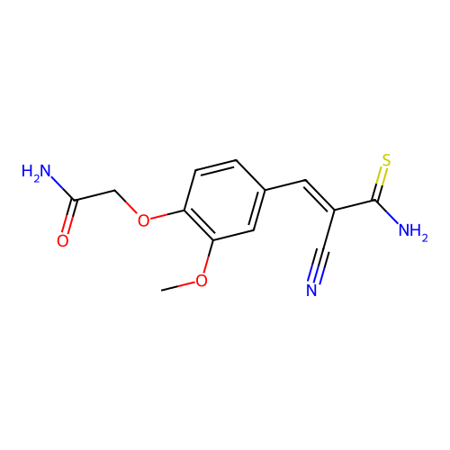 2-[4-((1E)-3-amino-2-cyano-3-thioxoprop-1-enyl)-2-methoxyphenoxy]acetamide structure