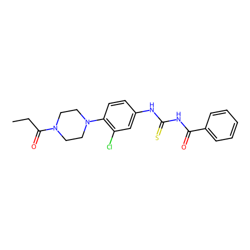N-[[3-chloro-4-(4-propanoylpiperazin-1-yl)phenyl]carbamothioyl]benzamide structure