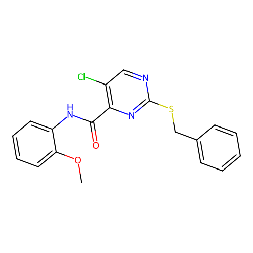 2-(benzylsulfanyl)-5-chloro-N-(2-methoxyphenyl)pyrimidine-4-carboxamide structure