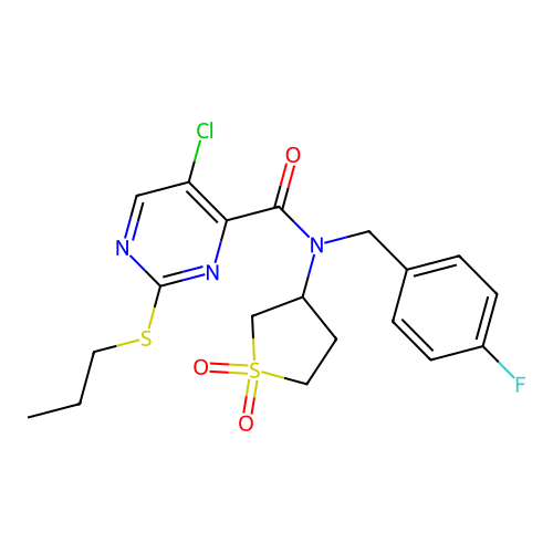 5-chloro-N-(1,1-dioxothiolan-3-yl)-N-[(4-fluorophenyl)methyl]-2-propylsulfanylpyrimidine-4-carboxamide structure