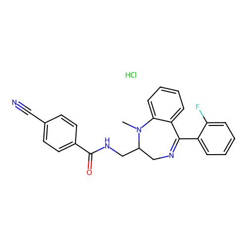 Benzamide, 4-cyano-N-((5-(2-fluorophenyl)-1-methyl-2,3-dihydro-1H-1,4-benzodiazepin-2-yl)methyl)-, monohydrochloride structure