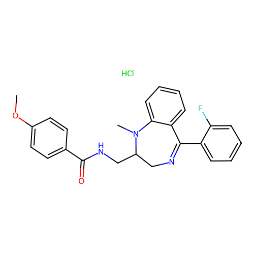 Benzamide, N-((5-(2-fluorophenyl)-1-methyl-2,3-dihydro-1H-1,4-benzodiazepin-2-yl)methyl)-4-methoxy-, monohydrochloride structure