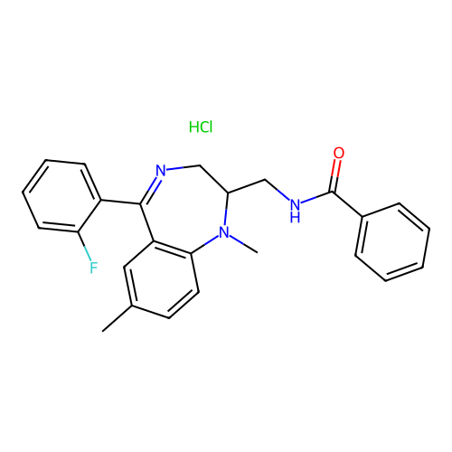 Benzamide, N-((5-(2-fluorophenyl)-1,7-dimethyl-2,3-dihydro-1H-1,4-benzodiazepin-2-yl)methyl)-, monohydrochloride structure