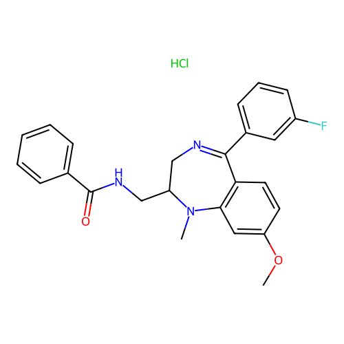 Benzamide, N-((5-(3-fluorophenyl)-8-methoxy-1-methyl-2,3-dihydro-1H-1,,4-benzodiazepin-2-yl)methyl)-, monohydrochloride structure