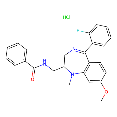 Benzamide, N-((5-(2-fluorophenyl)-8-methoxy-1-methyl-2,3-dihydro-1H-1,4-benzodiazepin-2-yl)methyl)-, monohydrochloride structure